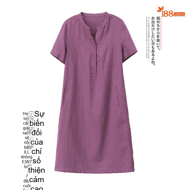 Váy Midi Nữ Cổ chữ V Tay Ngắn Phong Cách Retro Thanh Lịch Cotton Màu Xanh Rêu, Xanh Lá, Tím, Xanh Navy... chi tiết 6