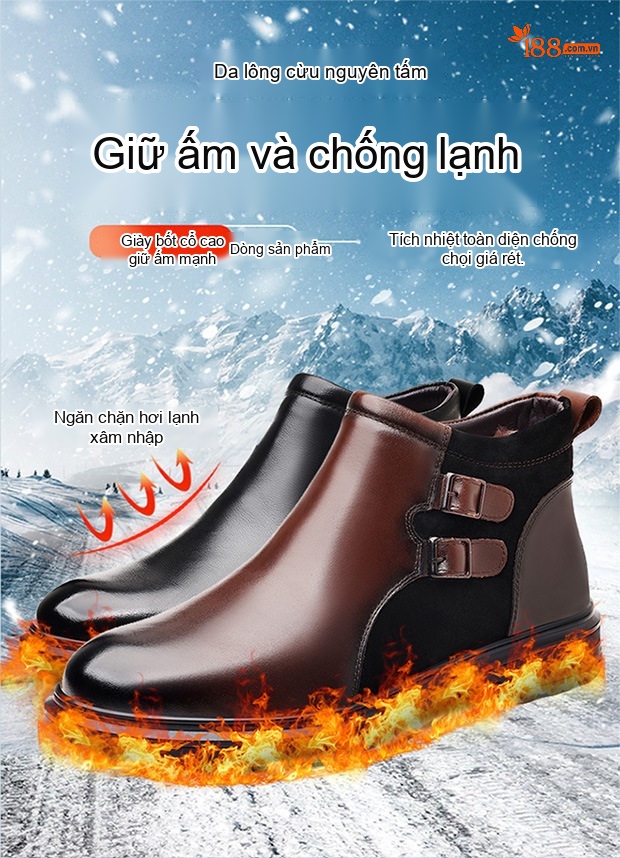 Giày Chelsea Nam Da Thật Lót Lông Cừu Mũi Nhọn Chiều Cao Đế Khoảng 3cm Màu Đen, Nâu chi tiết 1