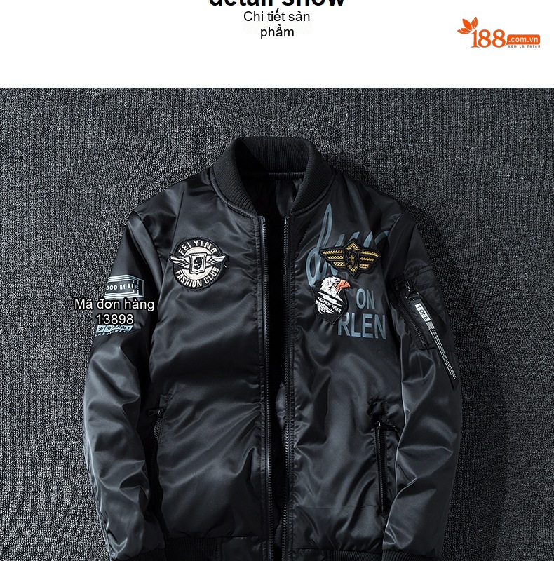Áo Khoác Bomber Nam Thời Trang Thu Đông Áo Phi Công Lót Bông Màu Đen, Xanh Navy, Xanh Rêu chi tiết 9