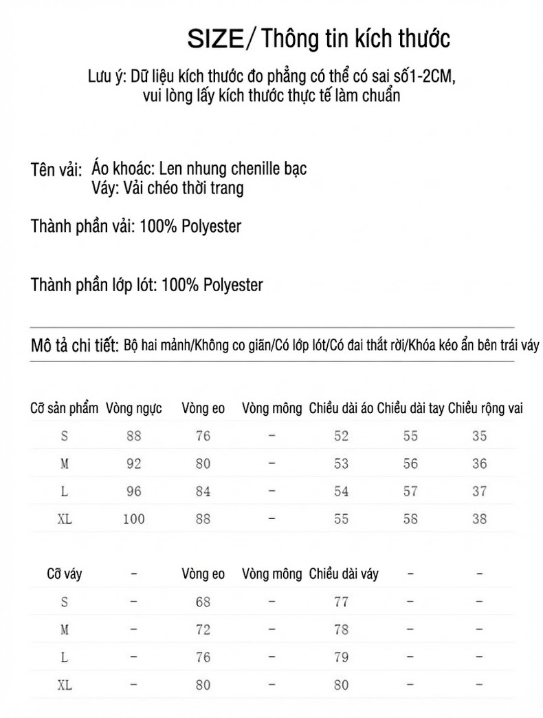 Set Áo Khoác Lửng Chenille Tay Dài Kèm Chân Váy Xếp Ly Lưng Cao Màu Trắng Kem, Đen chi tiết 8