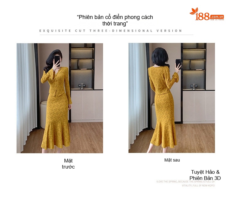 Set Áo Khoác và Chân Váy Dáng Dài Nữ Phong Cách Tiểu Thư Thanh Lịch Màu Vàng, Trắng chi tiết 5