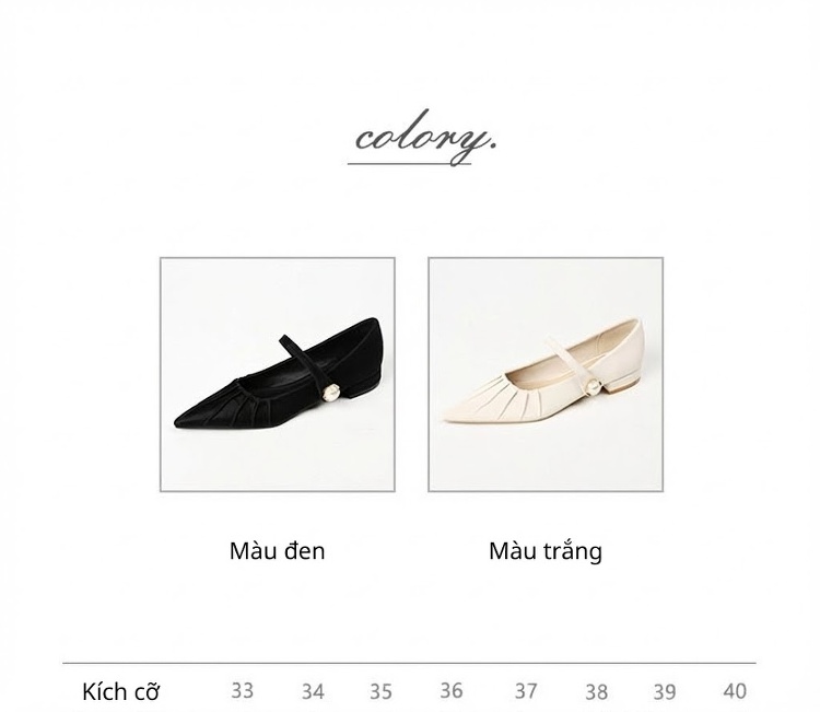 Giày Búp Bê Nữ Mũi Nhọn Quai Ngang Chi Tiết Nhún Bèo Chiều Cao Đế Khoảng 3cm Màu Trắng, Đen chi tiết 4