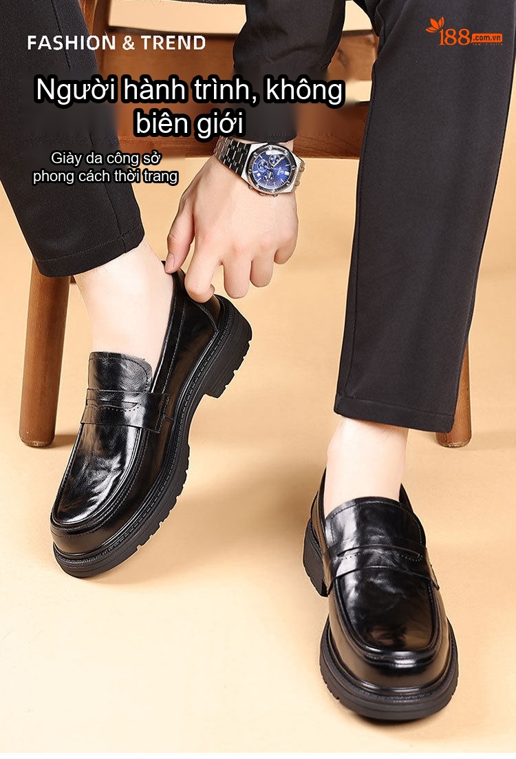 Giày Lười Nam Da Bò Cao Cấp Chiều Cao Đế Khoảng 3cm Màu Đen chi tiết 5
