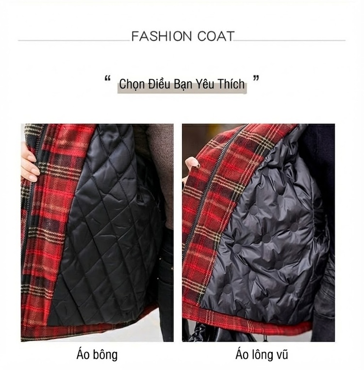 Áo Khoác Phao Nữ Lông Vũ Trắng Họa Tiết Kẻ Caro Có Mũ Thiết Kế Thời Trang chi tiết 9