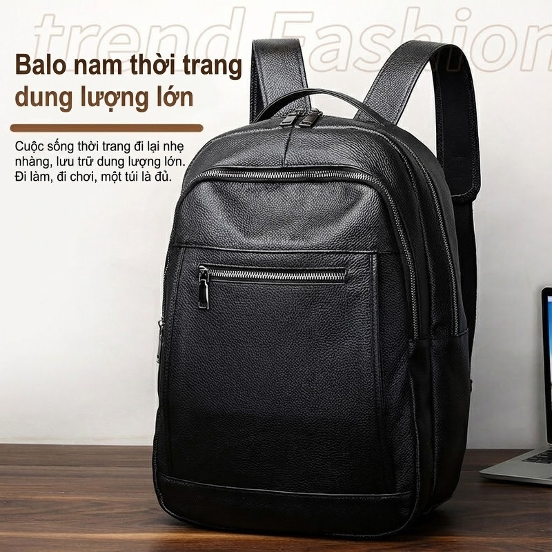 Balo Laptop Nam Da Bò Dung Lượng Lớn Đựng Đồ Du Lịch Ngắn Ngày Màu Đen
