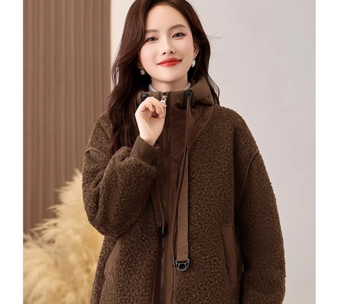Áo Khoác Lông Cừu Non Nữ Dáng Ngắn Có Mũ Trùm Đầu Dày Dặn Giữ Ấm Màu Nâu Đỏ chi tiết 32
