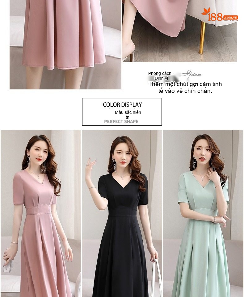 Váy Xòe Chữ A Cổ chữ V Tay Ngắn Thanh Lịch Màu Đen, Hồng, Xanh Mint chi tiết 3