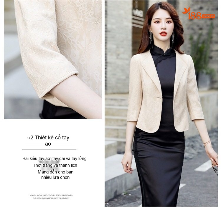 Áo Khoác Lửng Nữ Tay Lỡ Phối Áo Dài Phong Cách Tiểu Thư Màu Đen, Trắng, Kem chi tiết 5