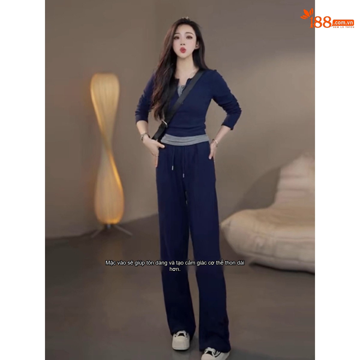 Bộ quần áo nữ thu đông giả hai lớp phong cách thể thao quần ống rộng