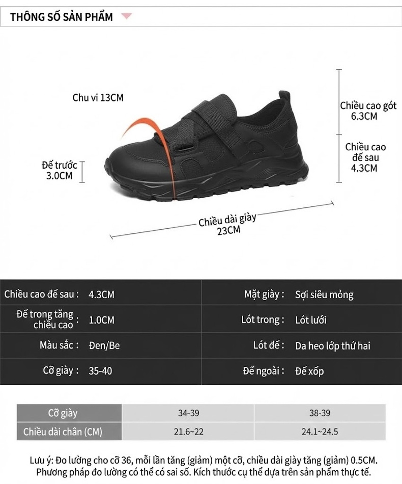 Giày Thể Thao Nữ Dán Velcro Bề Mặt Da Mờ Chiều Cao Đế Khoảng 3.5cm Màu Đen, Kem chi tiết 3