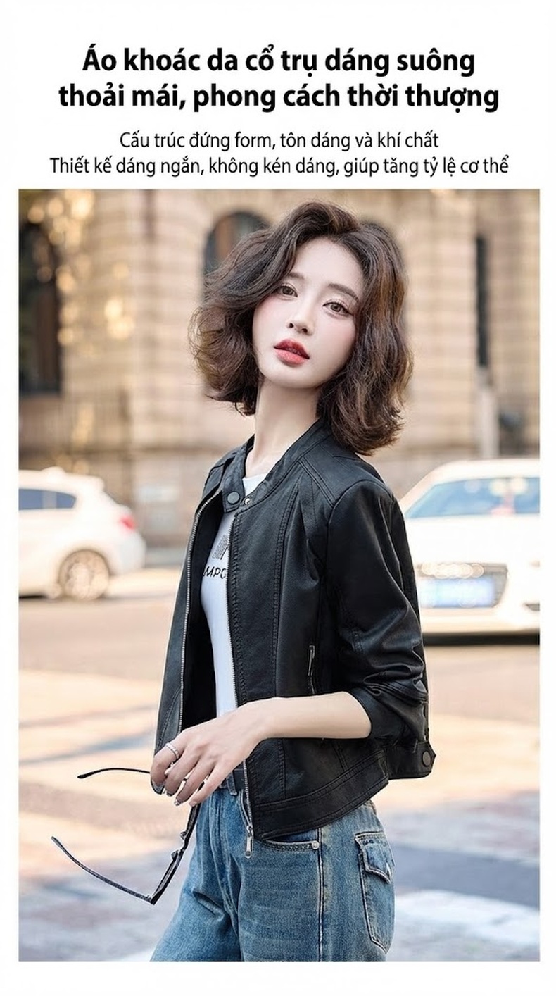 Áo Khoác Da Kiểu Bomber Nữ Dáng Ngắn Da Bóng Màu Đen, Nâu chi tiết 10
