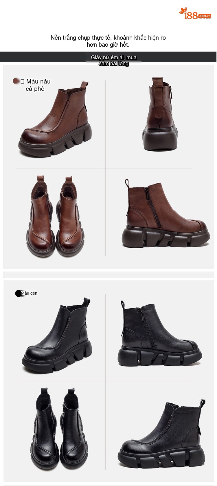 Boot Nữ Da Bò Cổ Lửng Khóa Kéo Bên Hông Chiều Cao Đế Khoảng 5cm Màu Đen, Nâu chi tiết 14