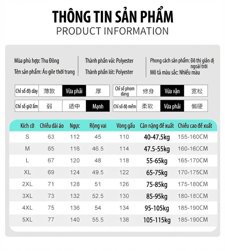 Áo Gile Nam Nữ Phom Rộng Mùa Đông Chống Thấm Nước Có Cổ Màu Cam, Trắng, Đen chi tiết 8