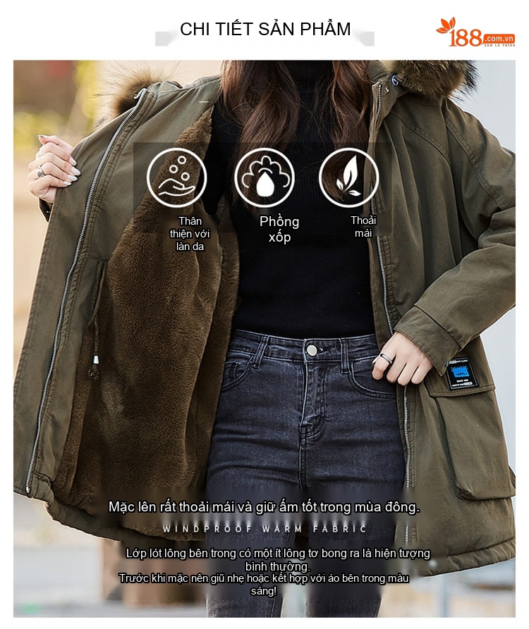 Áo Khoác Phao Nữ Cotton Dáng Dài Có Mũ Trùm Đầu Lót Lông Dày Dặn Màu Đen, Xanh Rêu chi tiết 24