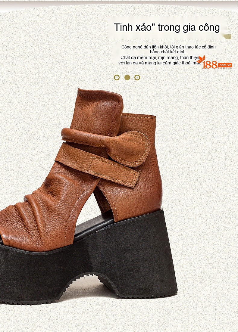 Giày Sandal Cao Gót Nữ Hở Mũi Da Bò Quai Nhún Đế Cao 5cm - 6cm Màu Nâu, Đen chi tiết 4