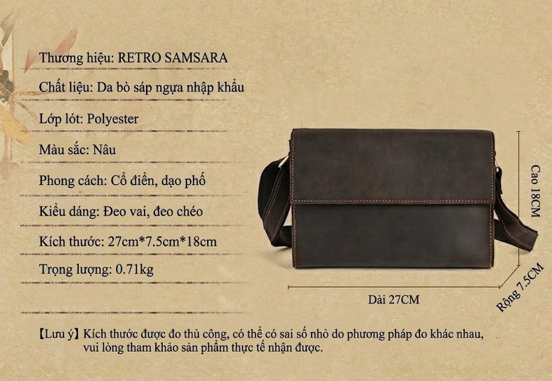 Túi Đeo Chéo Nam Da Bò Thủ Công Phong Cách Cổ Điển Màu Nâu chi tiết 2
