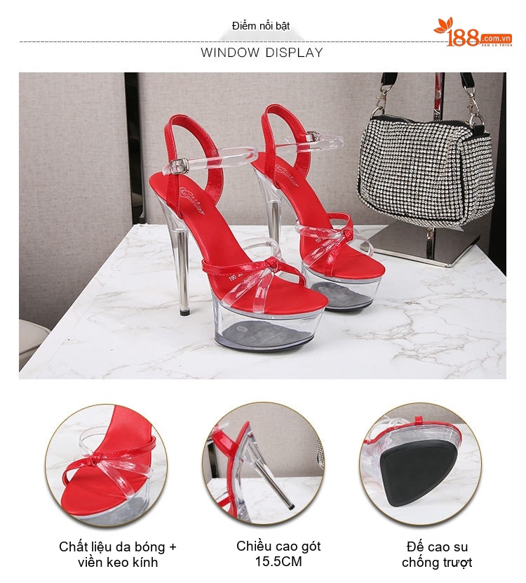 Giày Sandal Cao Gót Nữ Quai Trong Suốt Da Bóng Gót Cao 13cm - 15cm Màu Đen, Đỏ, Vàng, Trắng... chi tiết 2