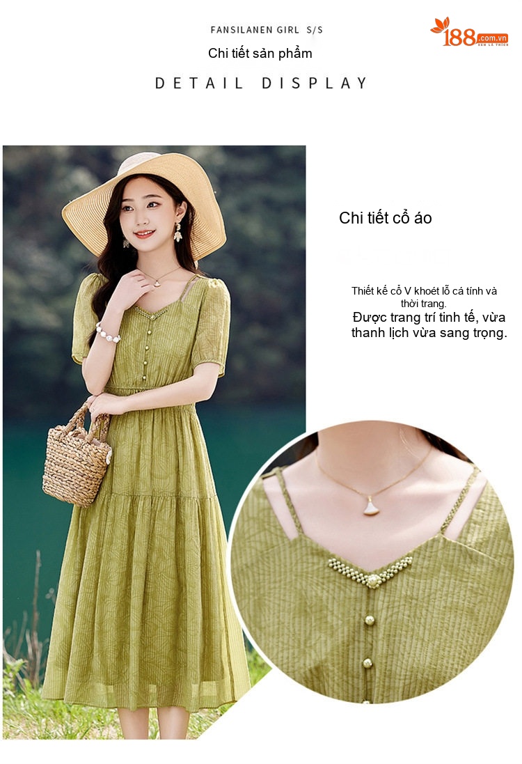 Váy Midi Nữ Tay Ngắn Thiết Kế Thanh Lịch Thoáng Mát Màu Be, Xanh Lá chi tiết 7