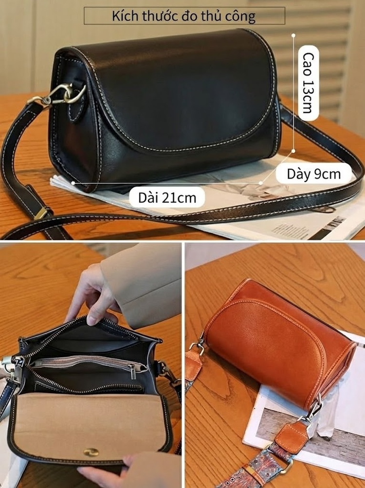 Túi Đeo Chéo Nữ Da Bò Nắp Gập Dây Đeo Bản Rộng Phong Cách Casual Màu Đen, Nâu, Xanh Lá, Cam chi tiết 12