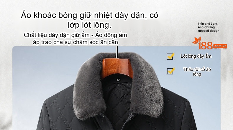 Áo Khoác Bông Nam Cotton Lót Lông Cổ Bẻ Dày Dặn Giữ Ấm Màu Xám, Đen, Xanh Navy chi tiết 1