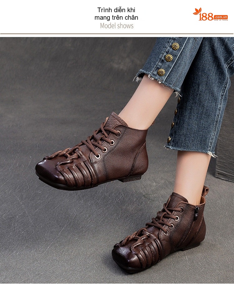 Giày Boot Nữ Da Bò Cổ Ngắn Buộc Dây Chiều Cao Đế Khoảng 2cm Màu Đen, Nâu chi tiết 8