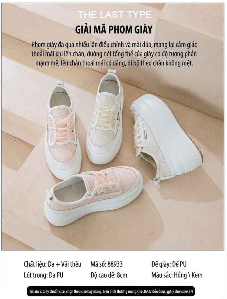 Giày Sneaker Nữ Đế Bánh Mì Chiều Cao Đế Khoảng 5cm Dây Ruy Băng Phong Cách Trung Hoa Màu Trắng, Hồng chi tiết 3