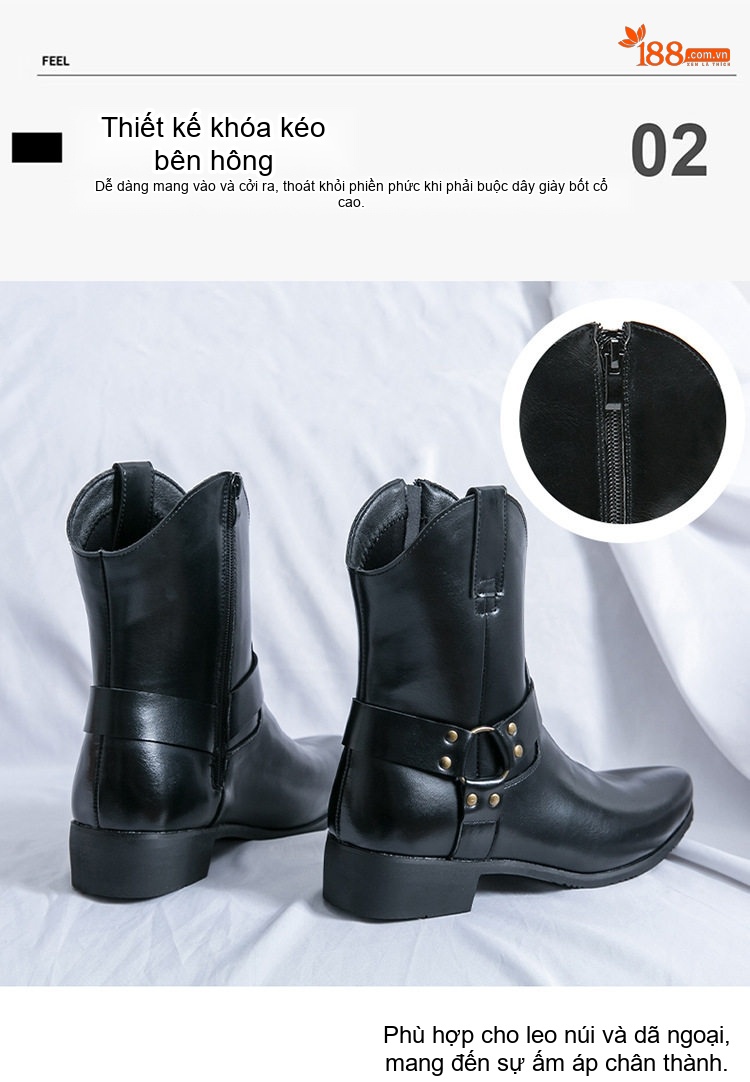 Giày Boot Martin Nam Cổ Cao Khóa Kéo Da Bóng Mũi Nhọn Chiều Cao Đế Khoảng 3cm Màu Đen, Nâu chi tiết 5