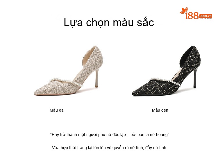 Giày Cao Gót Nữ Da Cừu Mũi Nhọn Hở Bên Chiều Cao Đế Khoảng 7cm Màu Đen, Kem chi tiết 3