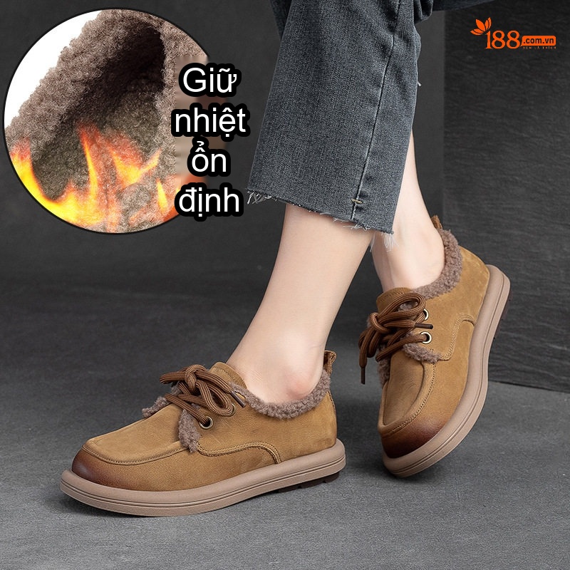 Giày Cotton Nữ Buộc Dây Lót Lông Chiều Cao Đế Khoảng 3cm Màu Nâu, Vàng