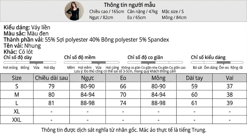 Đầm Nhung Dài Tay Ôm Body Đính Đá Thiết Kế Tiểu Thư Màu Đen chi tiết 2