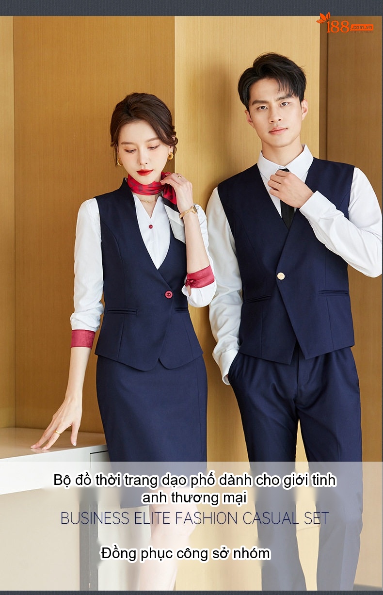 Bộ Vest Công Sở Nam Nữ Áo Ghile Quần Dài Công Nhân Lễ Tân Khách Sạn Màu Xám, Xanh Navy, Đỏ chi tiết 3