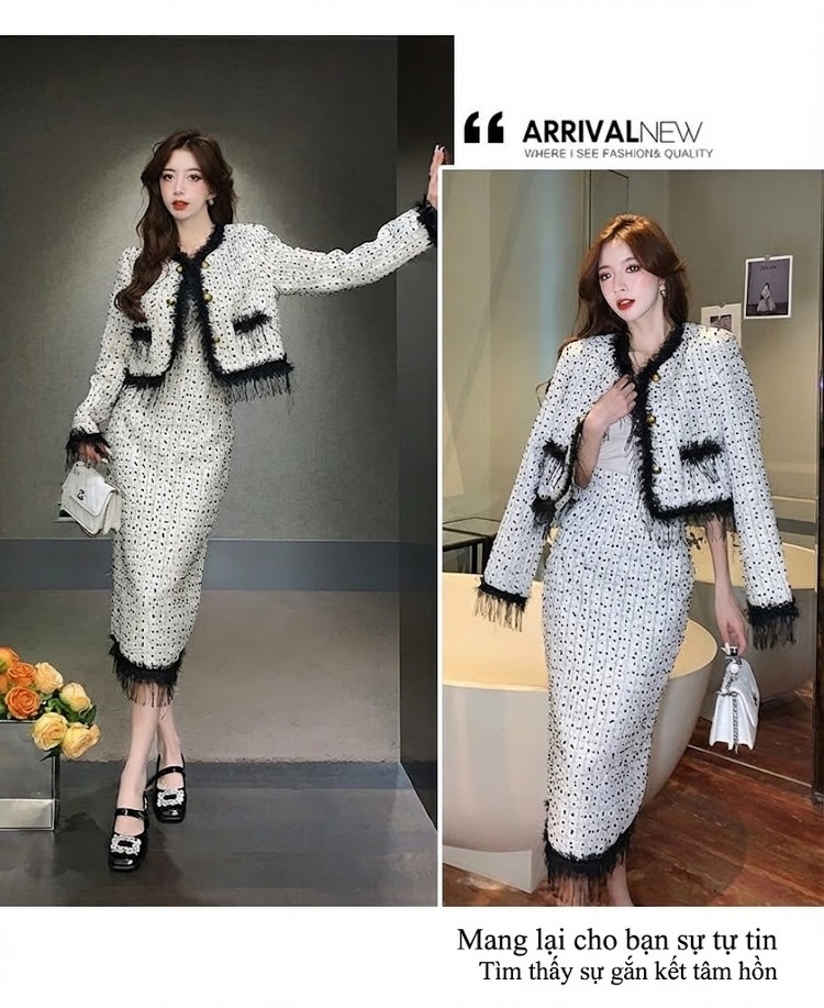 Set Áo Khoác Lửng và Chân Váy Tweed Phong Cách Tiểu Thư Viền Tua Rua Màu Trắng, Đen chi tiết 10