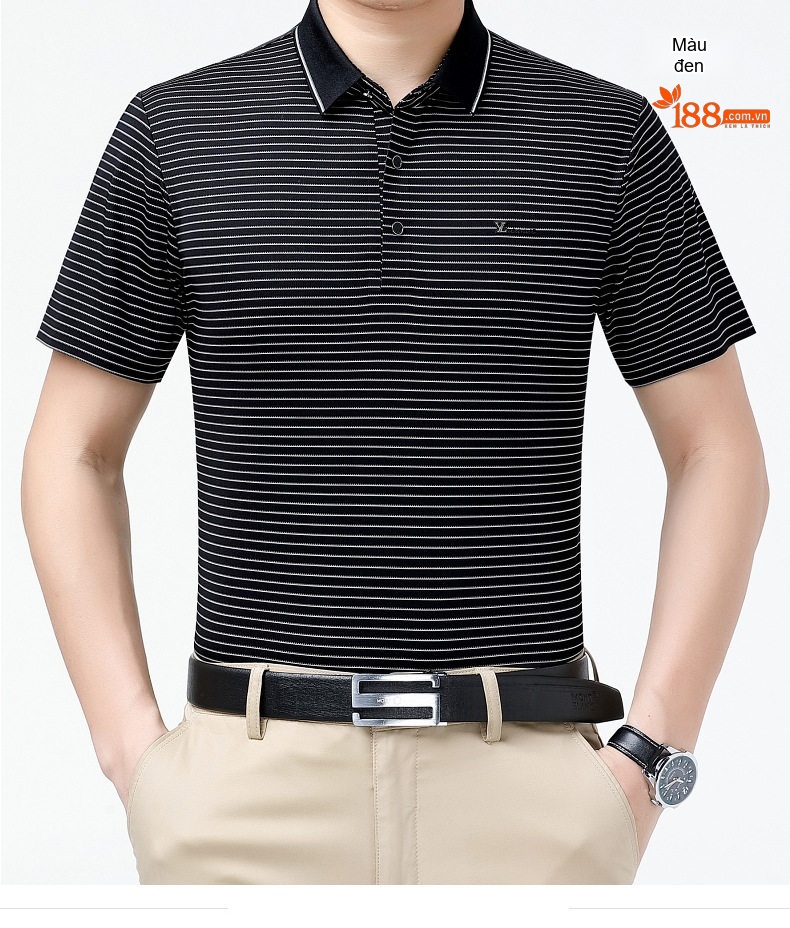 Áo Polo Nam Trung Niên Cổ Bẻ Họa Tiết Sọc Ngắn Tay Chất liệu Ice Silk Không Nhăn Màu Xám, Trắng, Xanh Đen... chi tiết 12