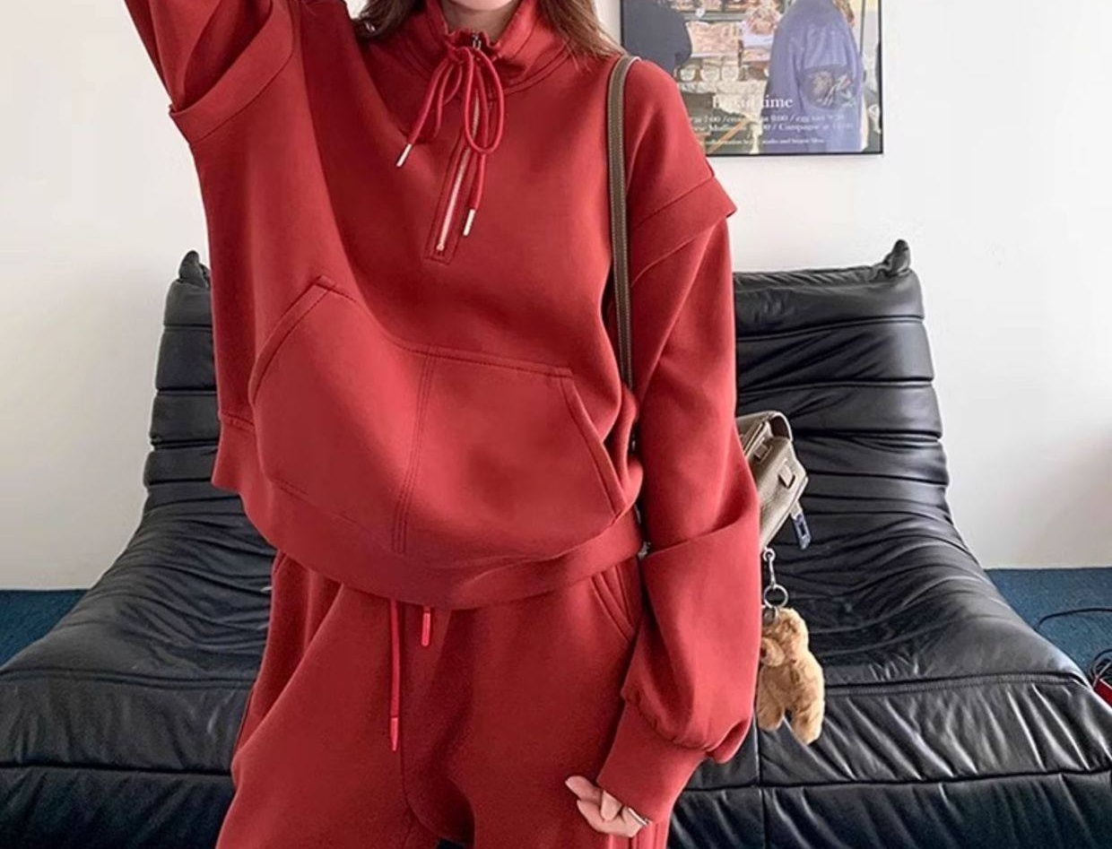 Bộ Đồ Nữ Thu Đông Áo Hoodie Quần Ống Rộng Phong Cách Hàn Quốc Màu Đỏ chi tiết 18
