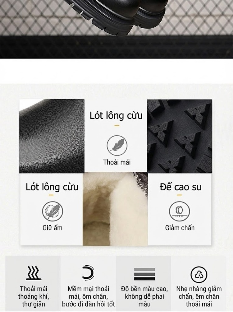 Boot Nam Da Thật Lông Cừu Giữ Ấm Chiều Cao Đế Khoảng 4cm Màu Đen chi tiết 11