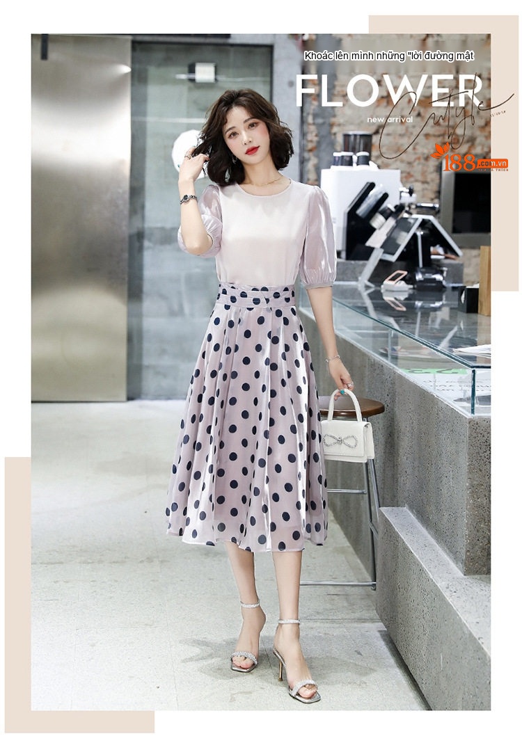 Set Bộ Áo Sơ Mi Tay Phồng Quần/Chân Váy Midi Họa Tiết Chấm Bi Phong Cách Hàn Quốc Màu Hồng, Đen chi tiết 1