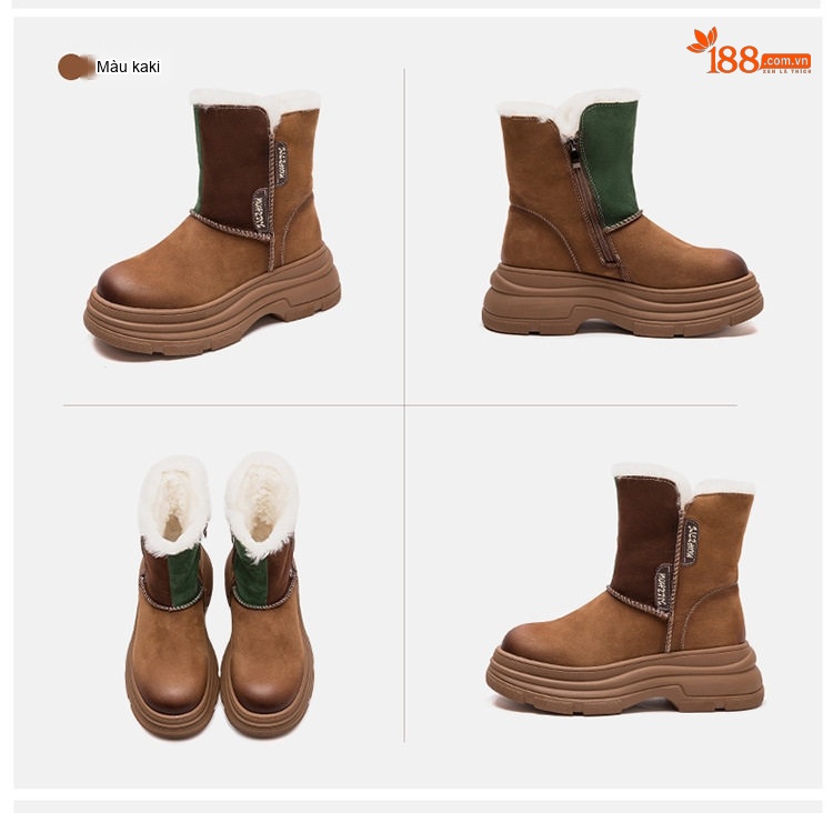 Boot Nữ Cổ Lửng Lót Lông Cừu Đế Dày Phong Cách Retro Chiều Cao Đế Khoảng 5cm Màu Nâu, Xanh Lá chi tiết 16