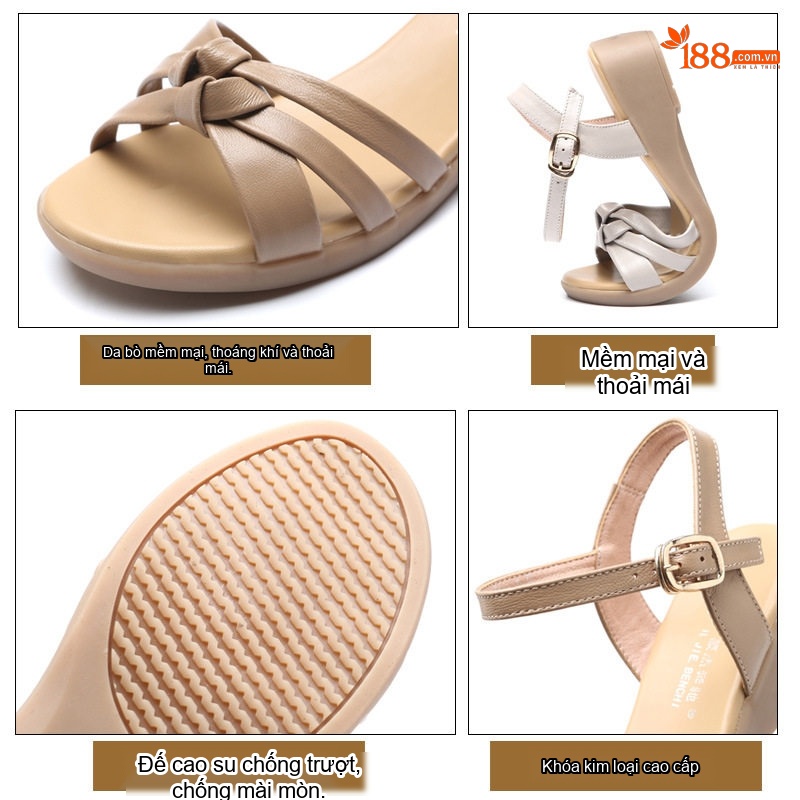 Dép Sandal Nữ Quai Ngang Da Bò Đế Cao 5cm - 6cm Màu Đen, Kem
