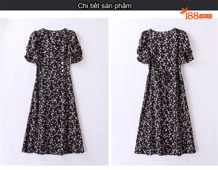 Váy liền thân Nữ Cổ chữ V tay bồng họa tiết hoa nhí dáng dài thanh lịch Màu Đen, Xanh chi tiết 25