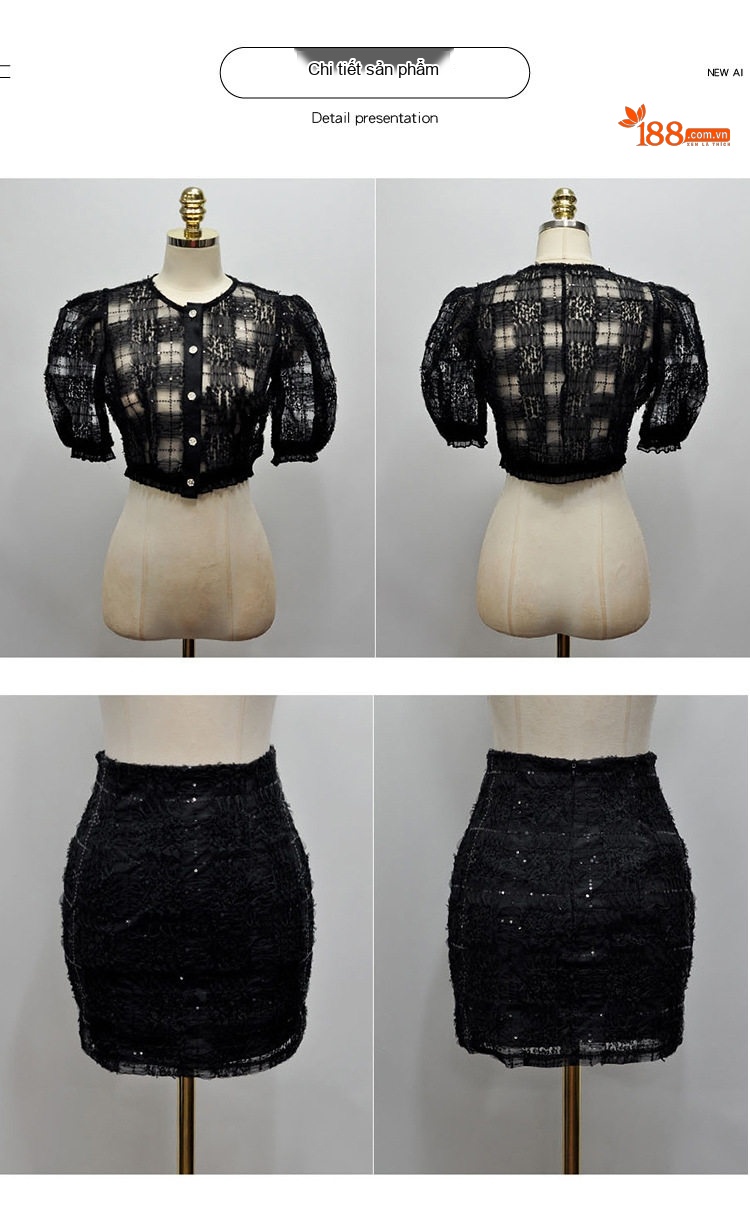 Set Áo Ren Lưới Croptop Tay Ngắn Quần Chân Váy Ngắn Ôm Eo Màu Đen chi tiết 23
