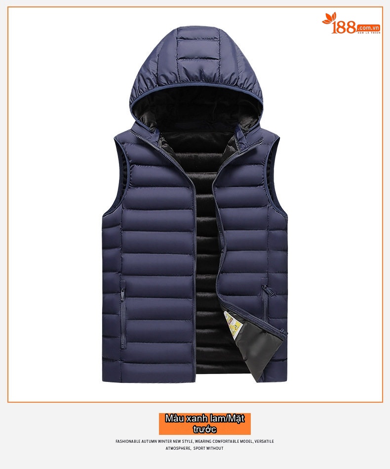 Áo Gile Bông Nam Có Mũ Trùm Đầu Tháo Rời 100% Polyester Màu Đen, Xám, Xanh Lam, Xanh Đậm... chi tiết 20