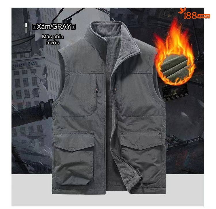 Áo Gile Nam Hai Mặt Lót Lông Dày Dặn Nhiều Túi Phong Cách Công Sở Màu Be, Xanh Rêu, Xám, Xanh Navy chi tiết 13