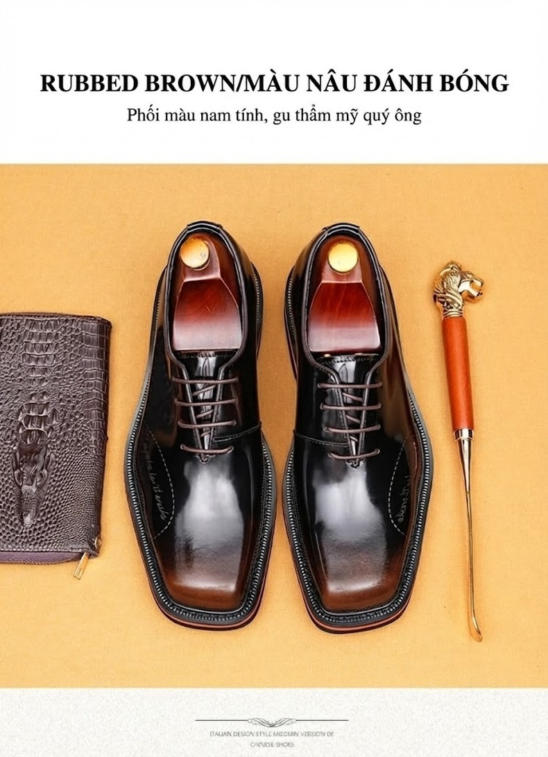 Giày Tây Buộc Dây Nam Da Thật Mũi Vuông Chiều Cao Đế Khoảng 3cm Màu Đen chi tiết 12
