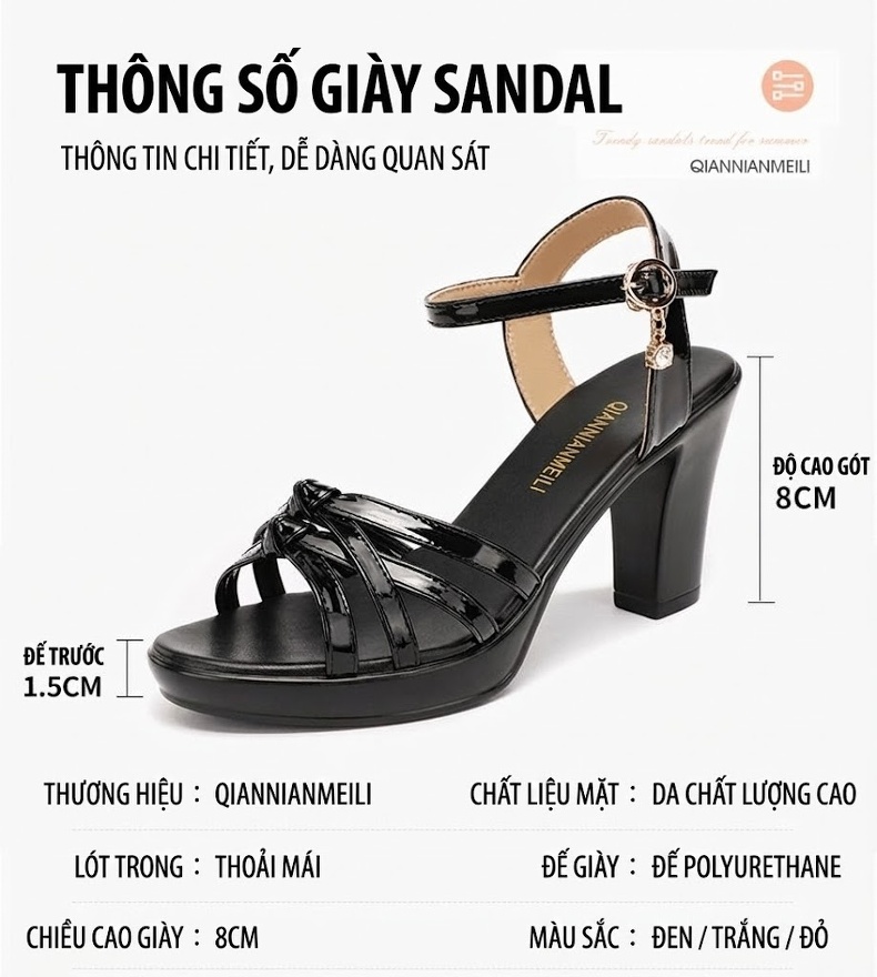 Giày Sandal Cao Gót Nữ Hở Ngón Quai Ngang Da Bóng Gót Cao 8cm Màu Đen, Đỏ, Trắng chi tiết 4
