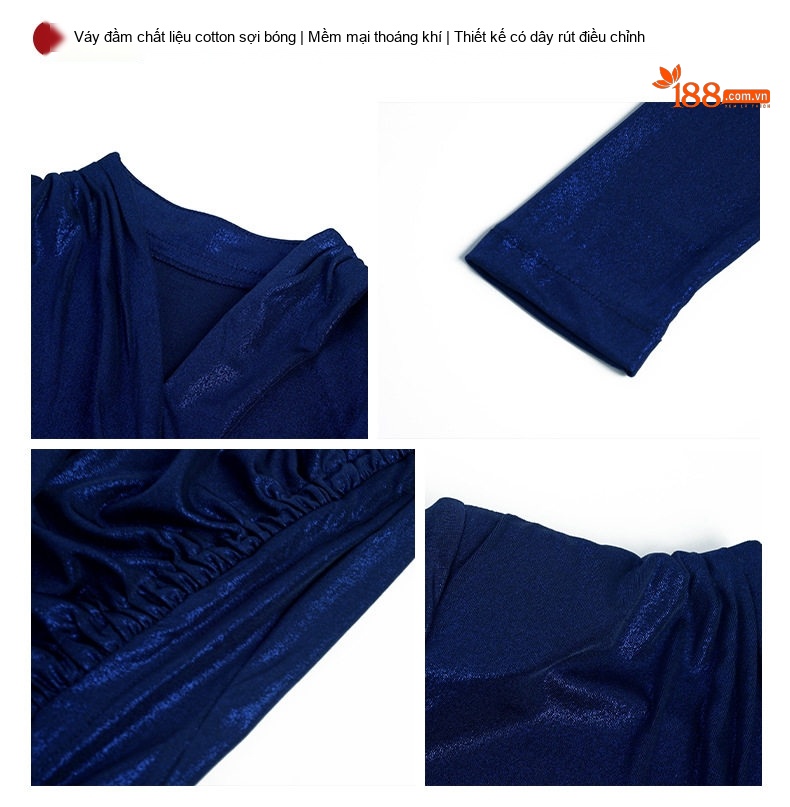 Đầm Ôm Body Nữ Cổ chữ V Thắt Dây Rút Tay Dài Xếp Ly Tôn Dáng Màu Xanh Navy chi tiết 5
