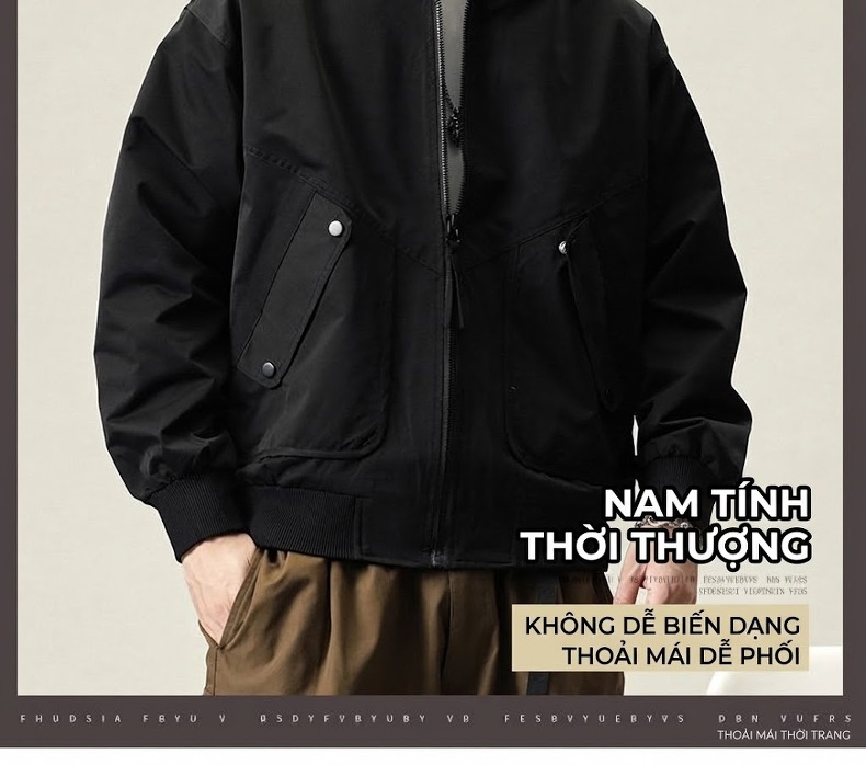 Áo Khoác Bomber Nam Phong Cách Ins Thời Trang Thu Đông Màu Đen, Xanh Olive, Kem chi tiết 3