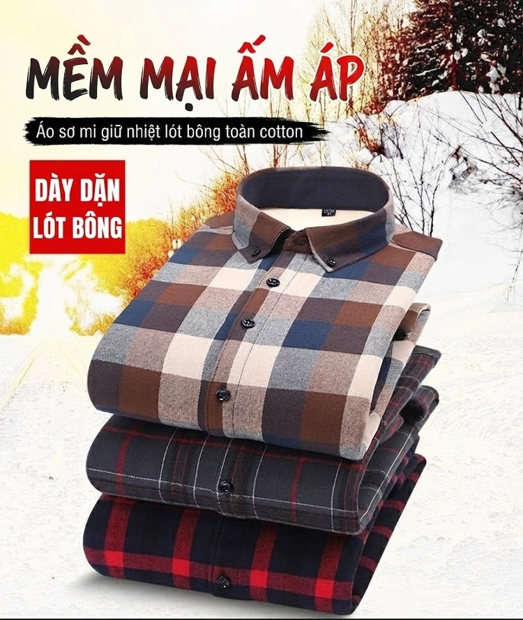 Áo Sơ Mi Nam Cotton Dài Tay Lót Lông Cổ Điển Chống Nhăn Màu Xanh Navy, Xám, Đỏ, Xanh Lá... chi tiết 1