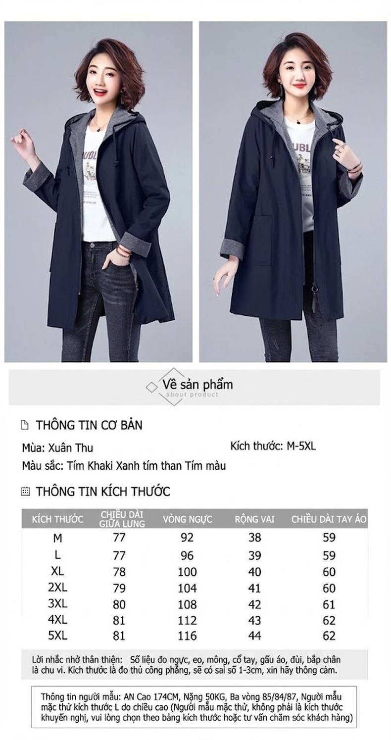 Áo Khoác Gió Nữ Dáng Dài Vừa Thu Đông Có Mũ Trẻ Trung Màu Be, Xanh Navy, Tím, Đỏ Tía chi tiết 2