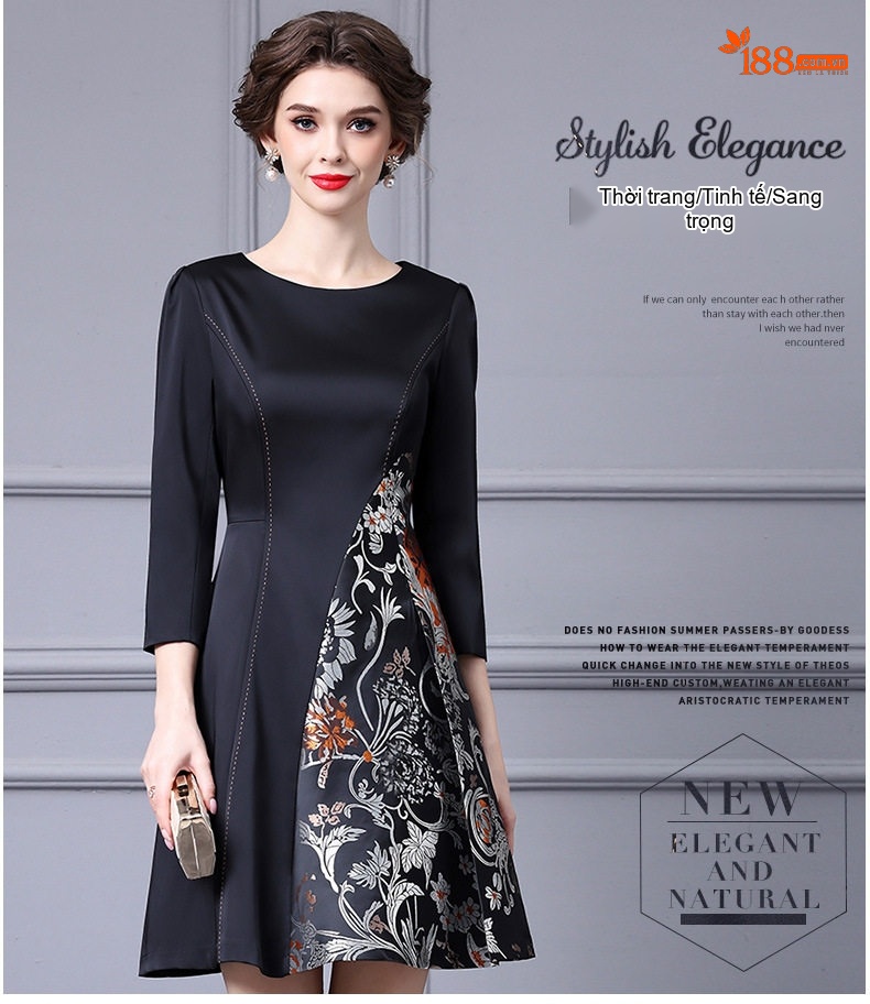 Đầm A Chiết Ly Tay Lỡ Nữ Vải Jacquard Cao Cấp, Thiết Kế Eo Cao, Họa Tiết Hoa Sang Trọng Màu Đen chi tiết 17
