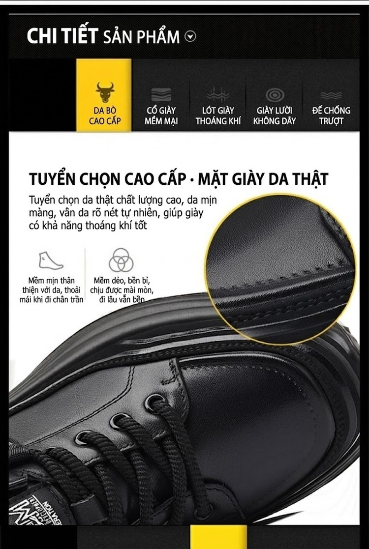 Giày Thể Thao Nam Da Bò Kiểu Dáng Casual Chiều Cao Đế Khoảng 4cm Màu Nâu, Đen chi tiết 12
